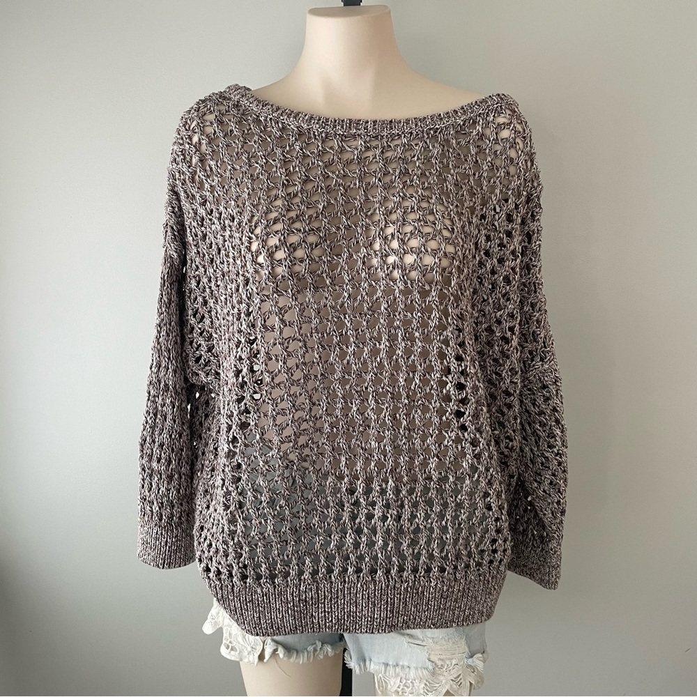Lane Bryant Open-Knit Lightweight Sweater in Taupe with Gold